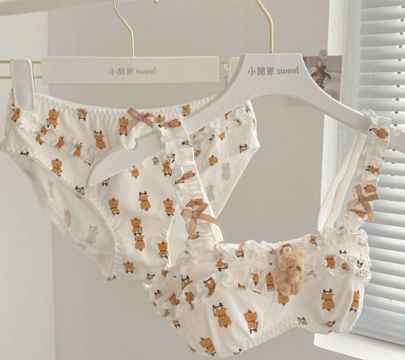 Cartoon Cute Underwear Panties Set Women's Chest-flattering Small Wireless Pure Desire Charming Bra