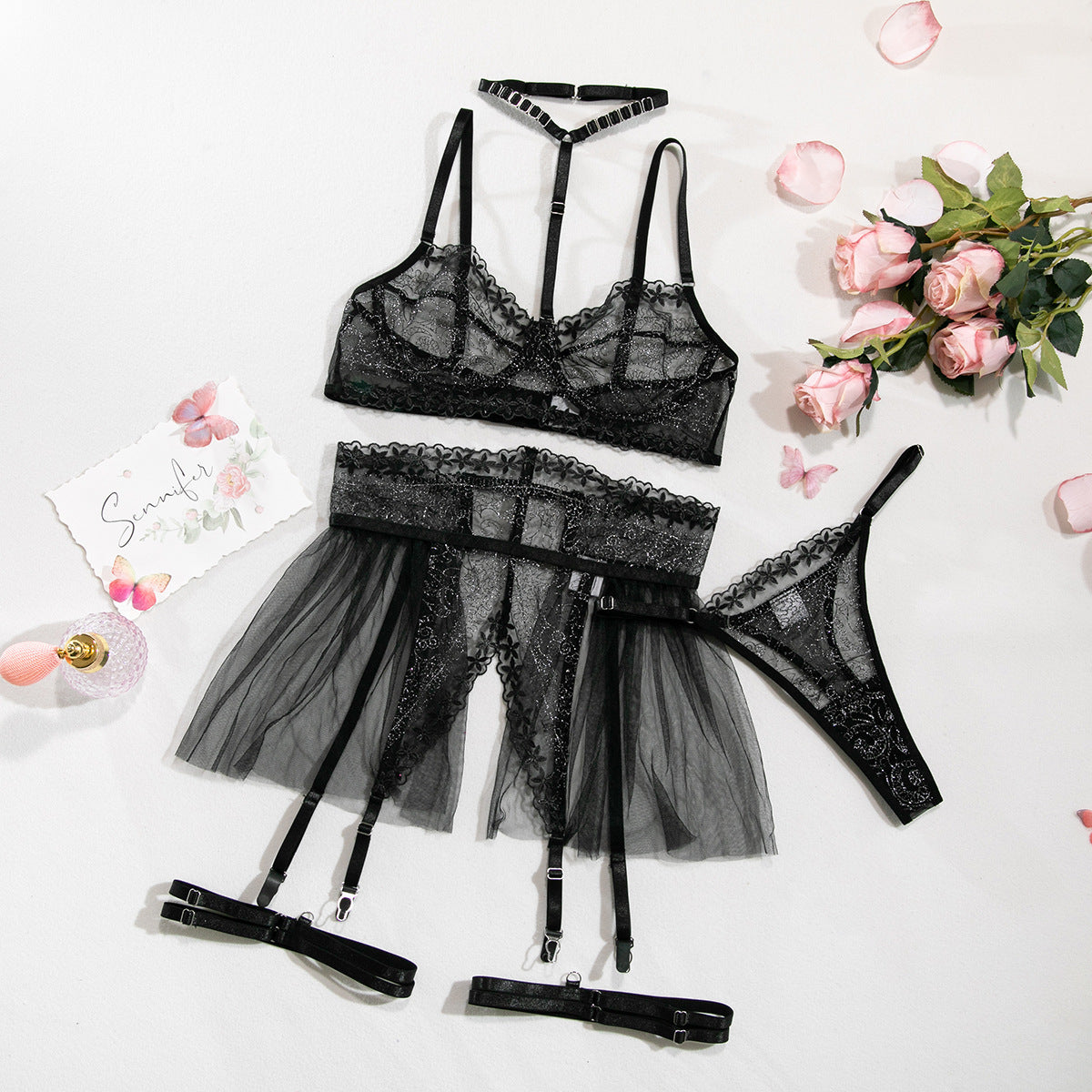 Style Lace Mesh Splicing See-through Metal Buckle Halter Underwear Suit