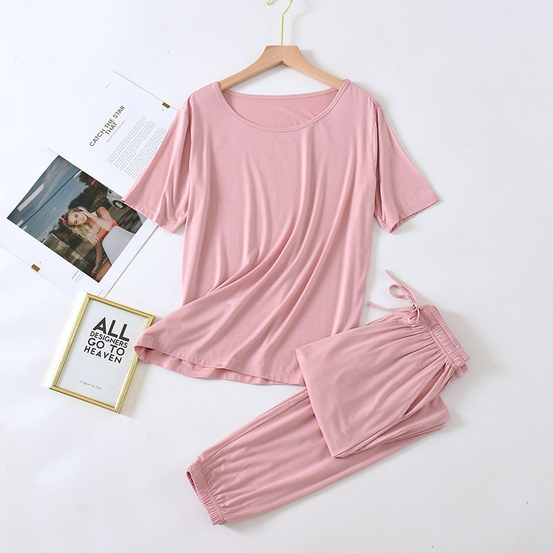 Solid Color Pajamas Women's Summer Short Sleeve Trousers Modal Thin Loose And Simple Homewear