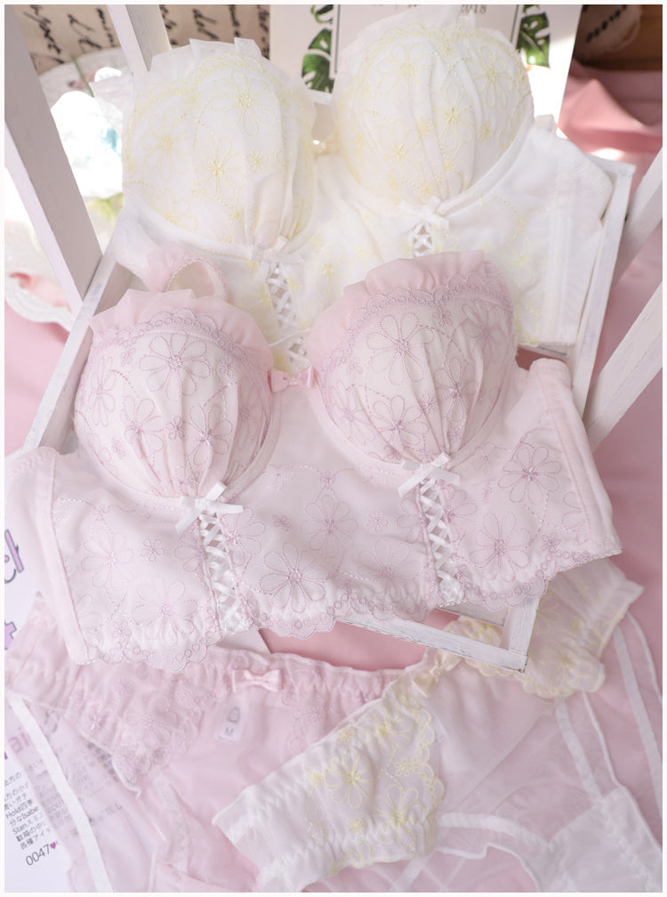 Sweet Ribbon Embroidered Women's Underwear Bra Set