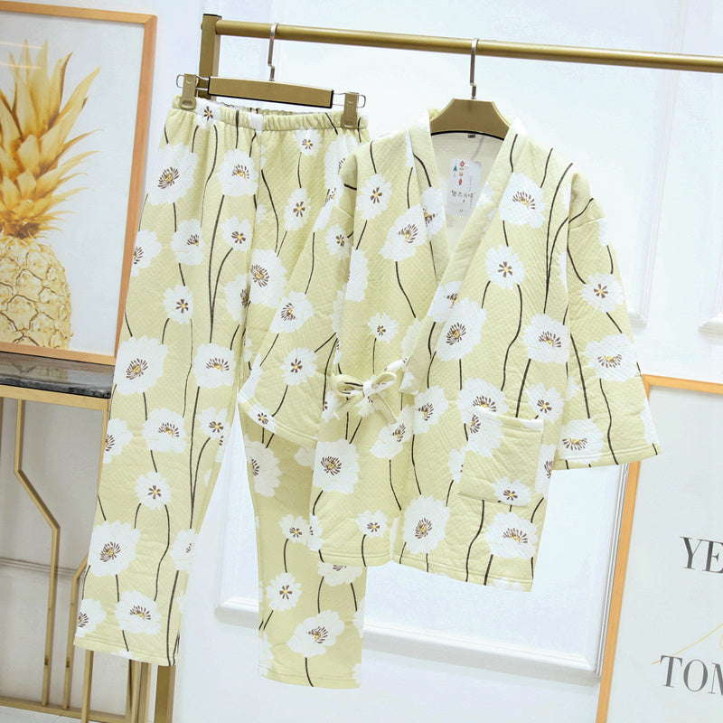 Winter Warm Striped Kimono Crop Clothes Air Layer Pajamas