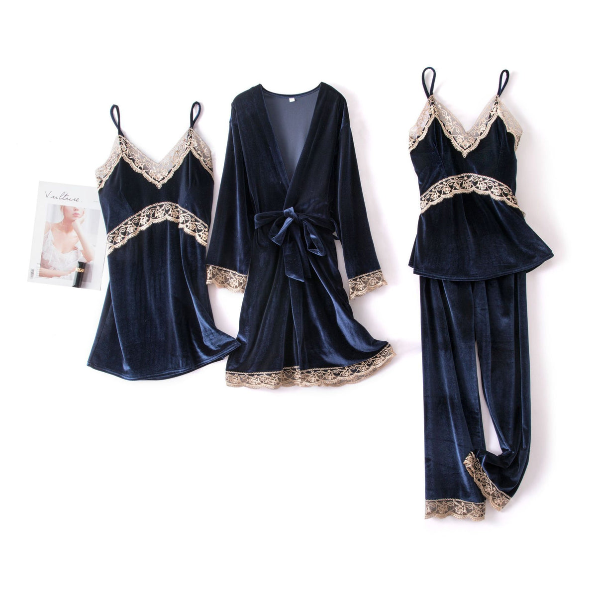 Sexy sling velvet 4-piece long-sleeved nightgown with chest pad home service women