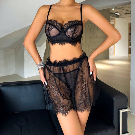 Women's Fashionable Lace See-through Short Skirt Body Shaping And Chest Strap Underwear Suit