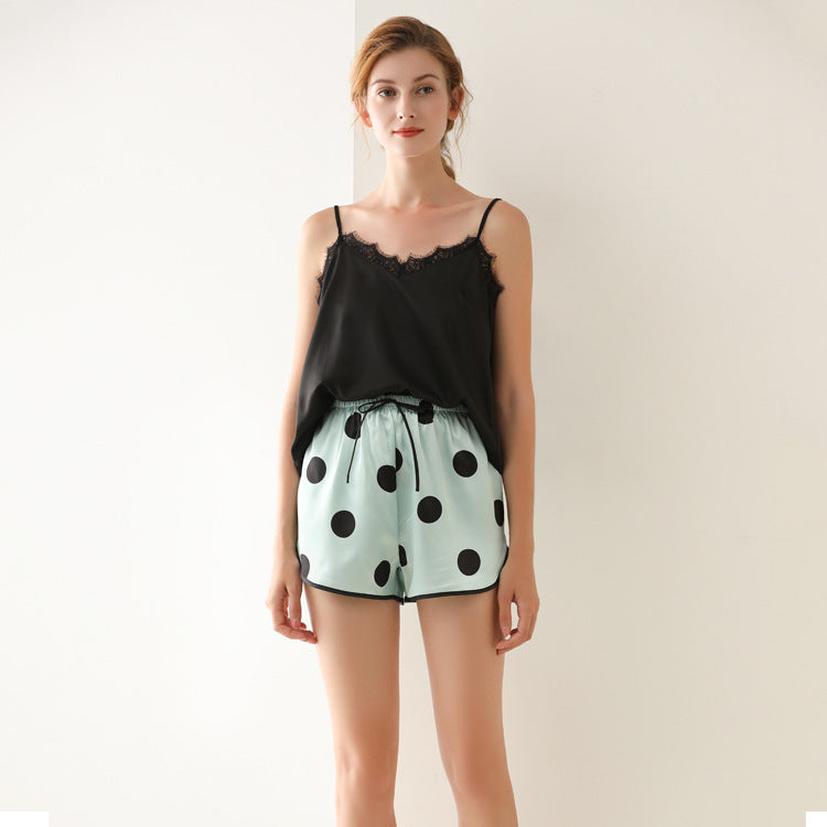 Women's Summer Lace V-Neck Sling Print Shorts Pajama Set
