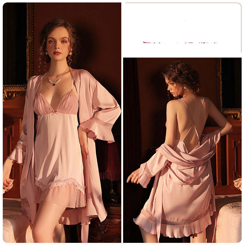 Women's Pajamas Panel Ruffle Tie Robe Bathrobe Homewear Set