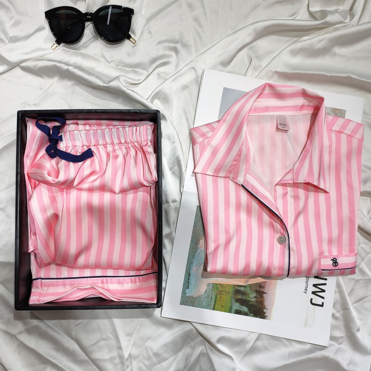 Striped Pajamas Women Autumn And Winter Sexy Pajamas Set Satin Home Silk Cardigan Long Sleeves