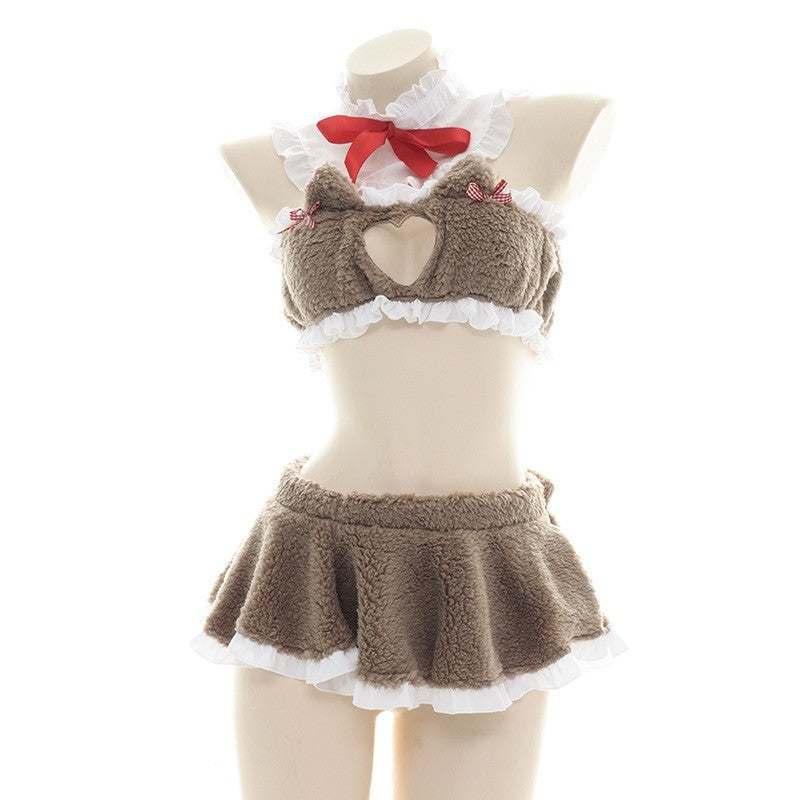 Love Chest Cat Ears Plush Pajamas Suit Ladies