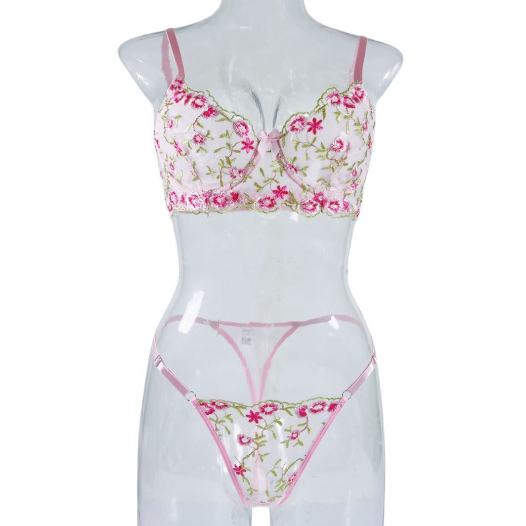Women's Fashionable Printed Embroidered See-through Underwear Suit