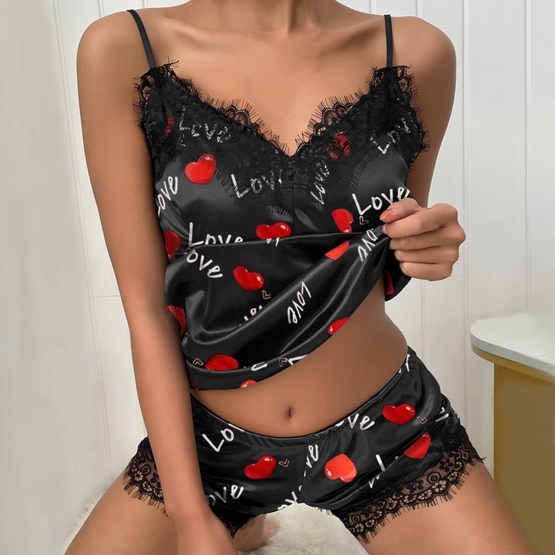 Ladies Eyelash Lace Decoration Polka Dot Printing Satin Suspender Pajamas