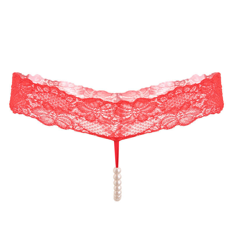 Pure Color Sexy Lace T-Pants, Pearl Massage Panties, Ladies Transparent Sexy