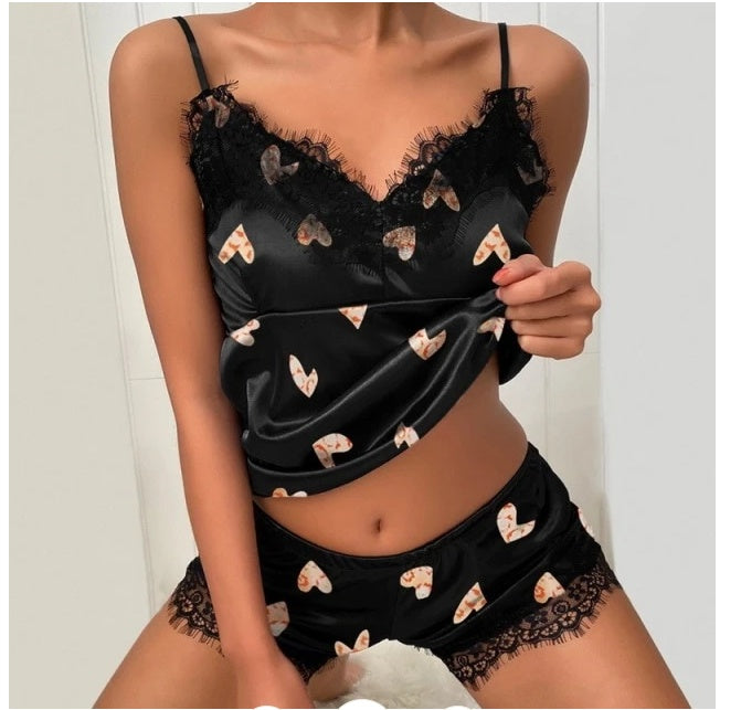 Ladies Eyelash Lace Decoration Polka Dot Printing Satin Suspender Pajamas Suit