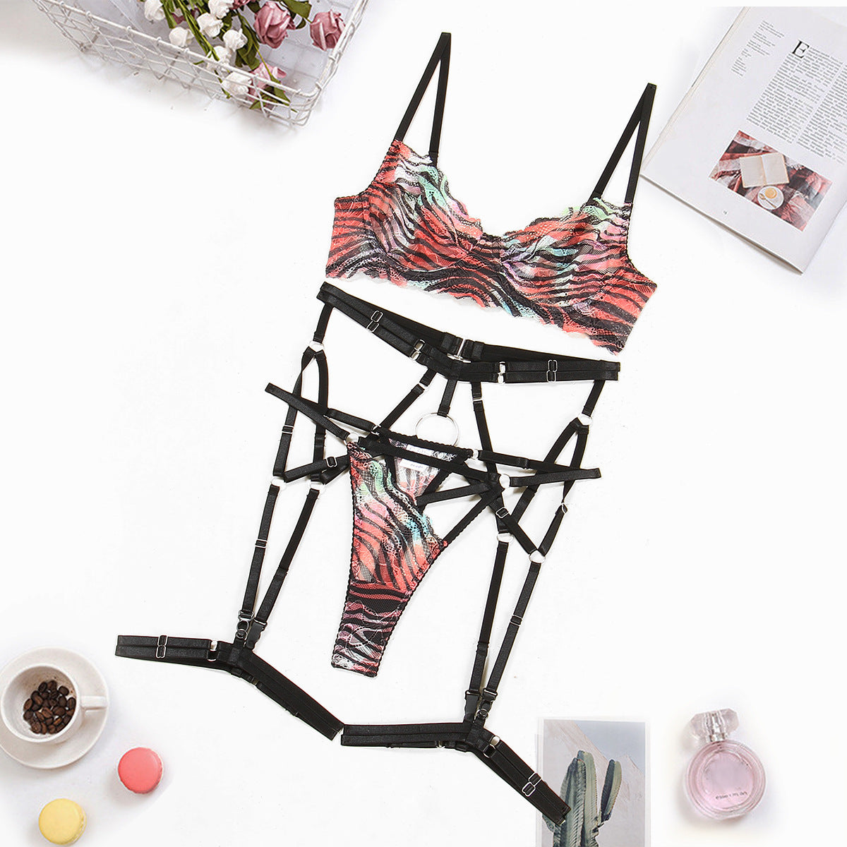 Color Pattern Tie-dye Printed Mesh Split Four-piece Set