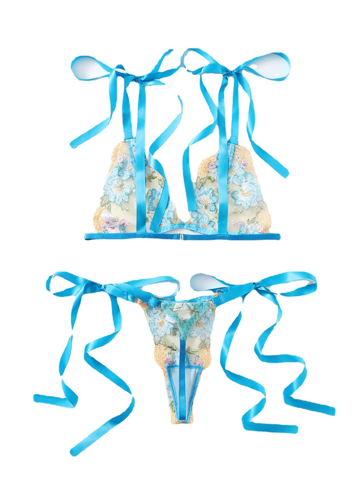 Women's, Blue Lace Carved Lace-up Underwear Two-piece