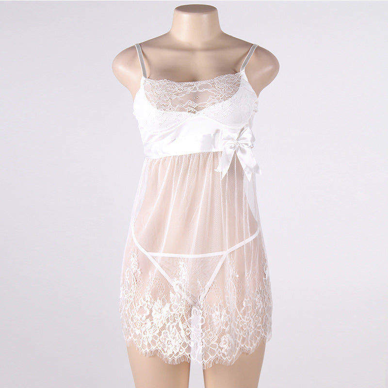 Summer Sexy Pajamas Female Lace Temptation White Tulle Suspender Nightdress