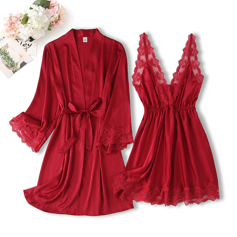 Women's Artificial Silk Pajamas With Lace Spring And Summer