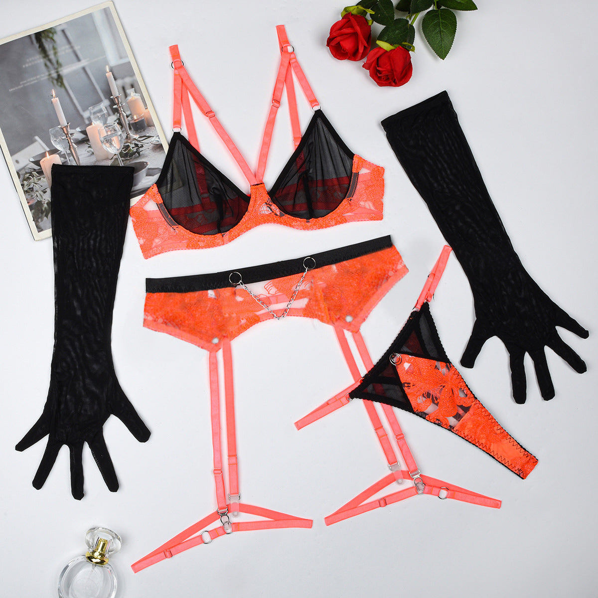 Contrast Color Embroidered Underwear Gloves Five-piece Set
