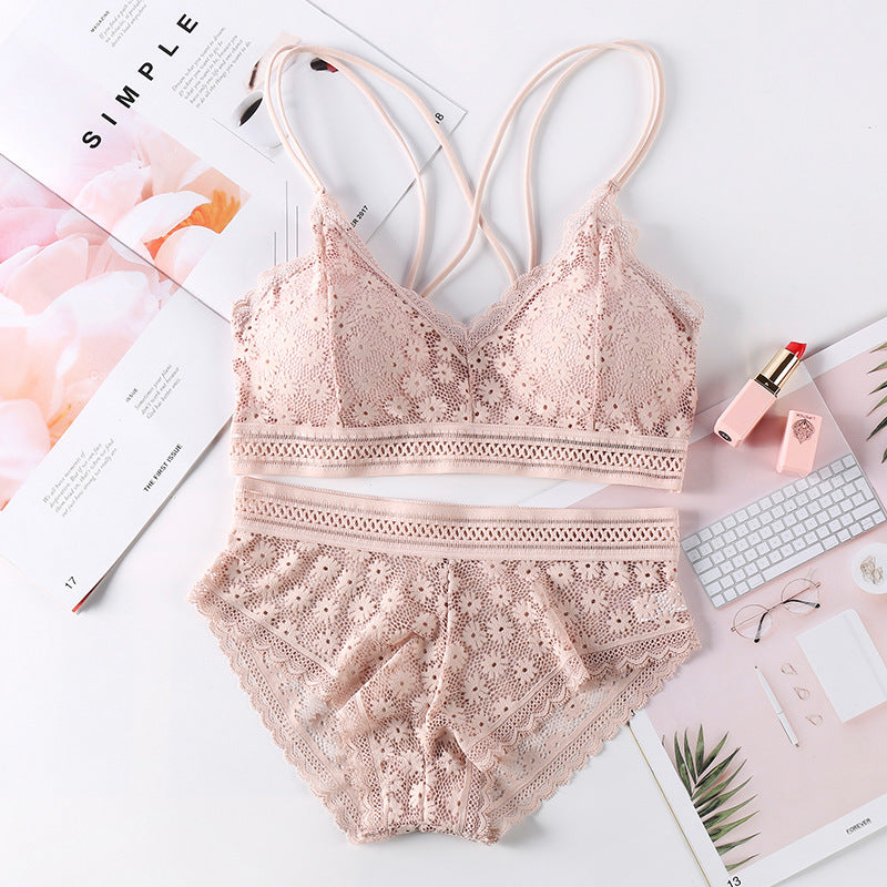 Fashion cross straps gather bra lace underwear set
