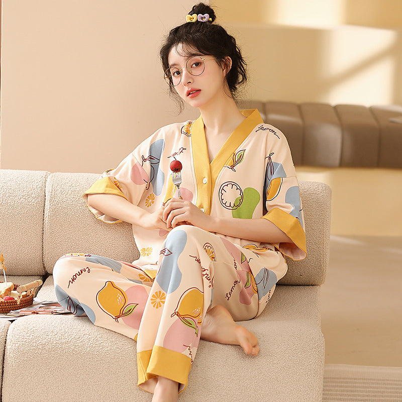 Women's Pajamas Pure Cotton Short-sleeved And Trousers Cardigan Homewear