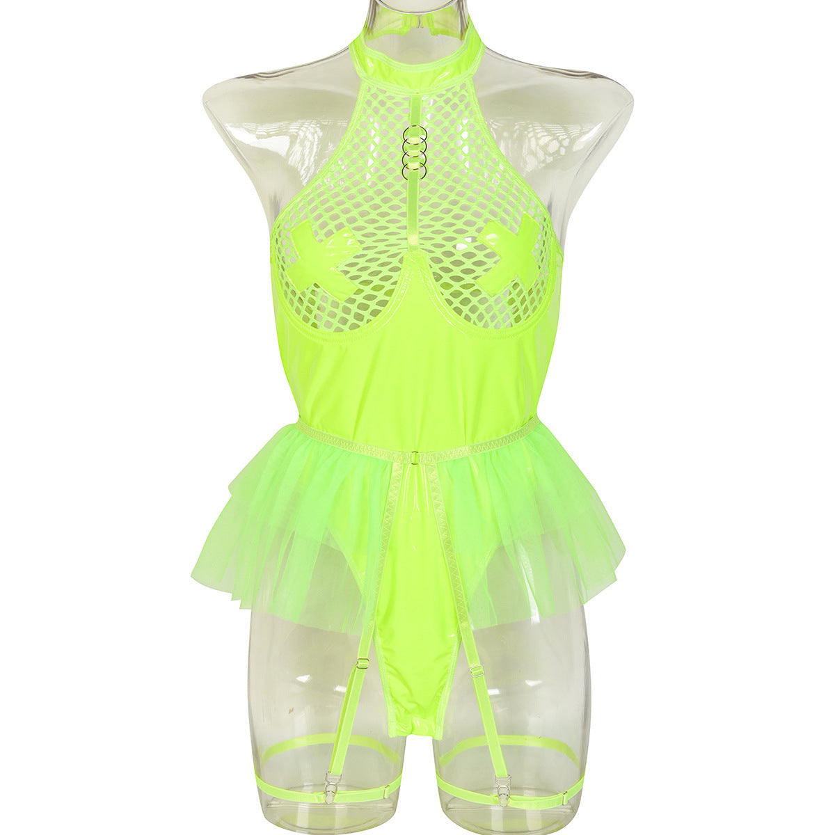 PU Patent Leather Large Grid Cross Pieced Hanging Neck Underwear
