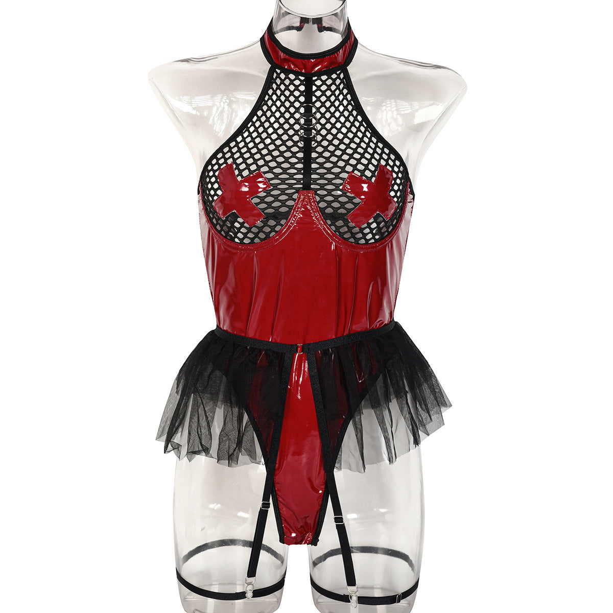 PU Patent Leather Large Grid Cross Pieced Hanging Neck Underwear