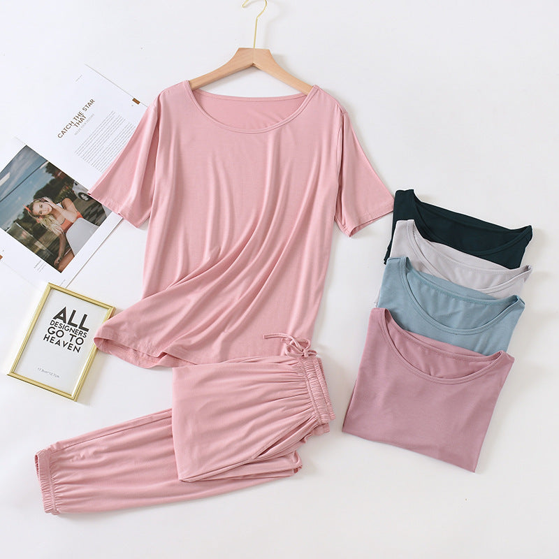 Solid Color Pajamas Women's Summer Short Sleeve Trousers Modal Thin Loose And Simple Homewear