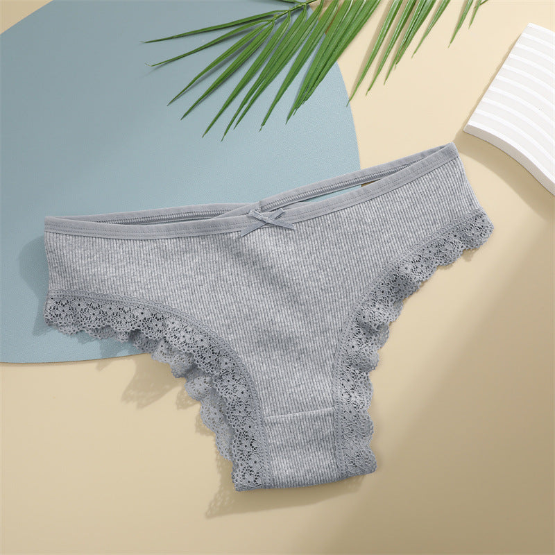 Threaded Cotton Cute Bowknot Low Waist Lace Edge Women's Underwear