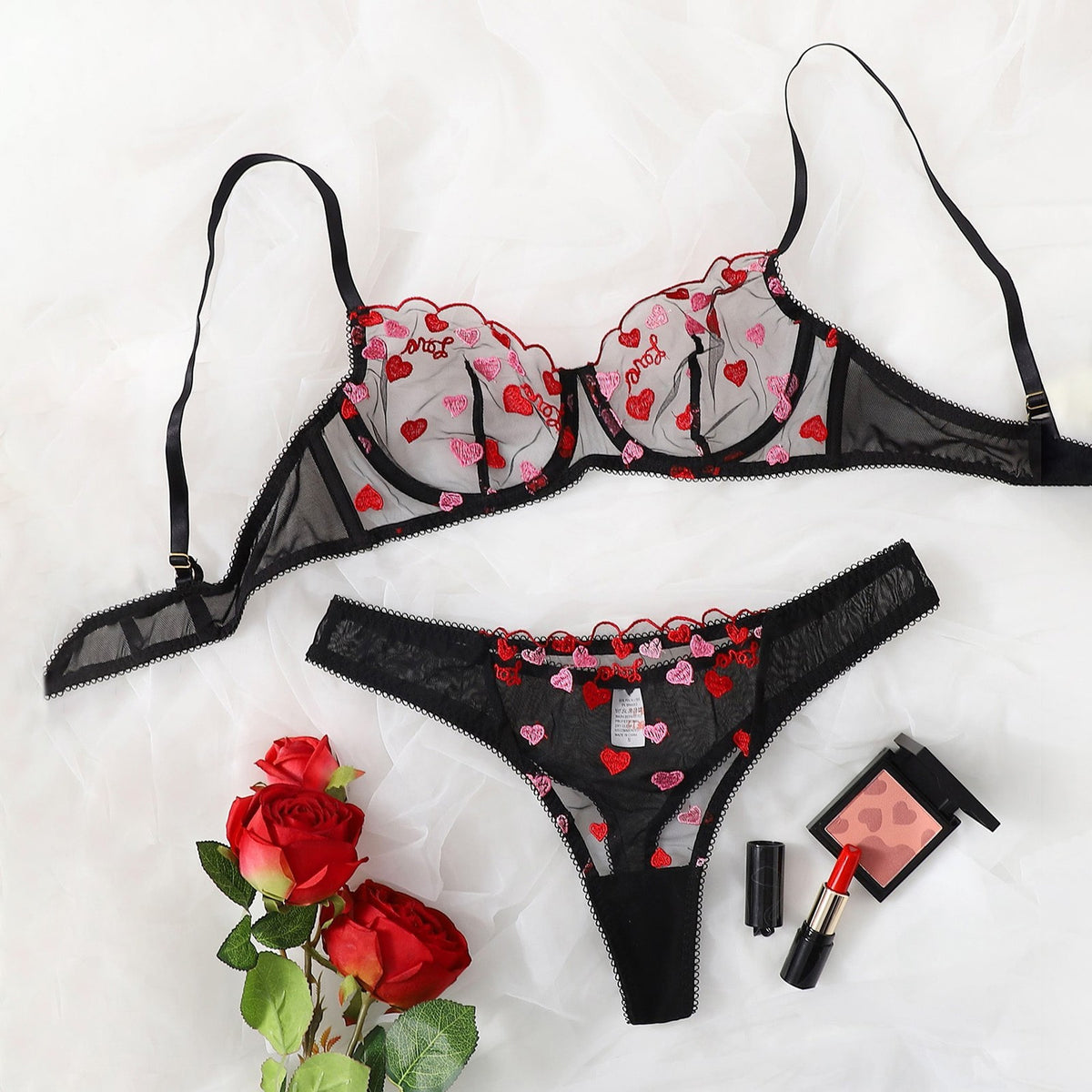 Ladies' Mesh See-through Love Three-point Sexy Suit