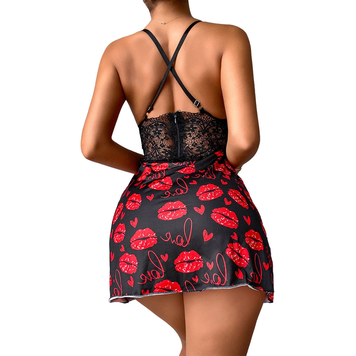 Slip Dress Lace Lips Print Pajama Skirt