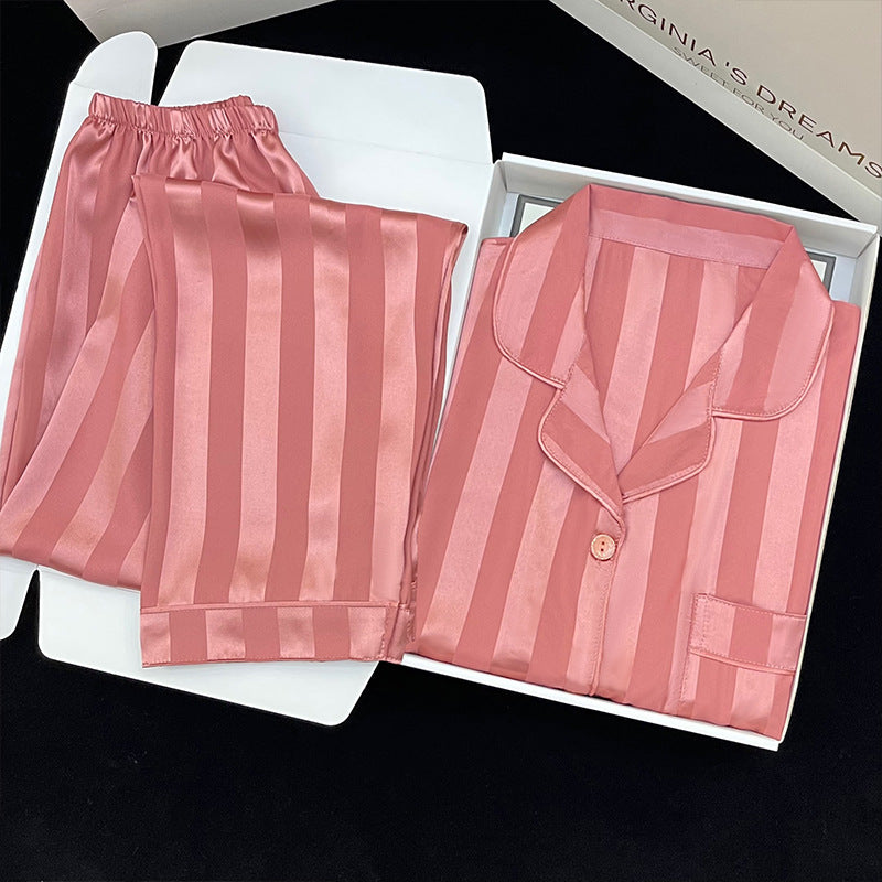 Women's Long-sleeved Trousers Thin Cardigan Striped Pajamas