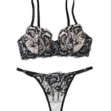 Three-point Gathering Bra Black Embroidery Sexy Underwear