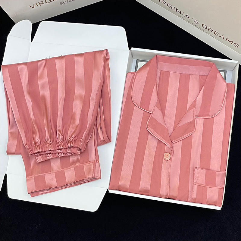 Women's Long-sleeved Trousers Thin Cardigan Striped Pajamas