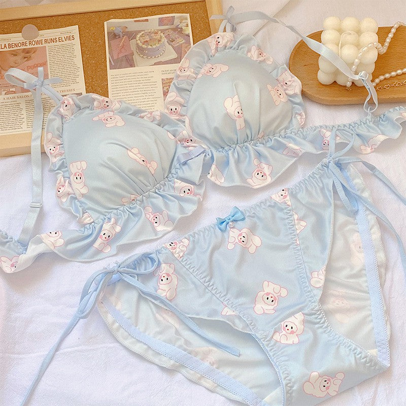 Cute Printed Underwear Without Steel Ring Not Empty Cup Slimming Bra Set