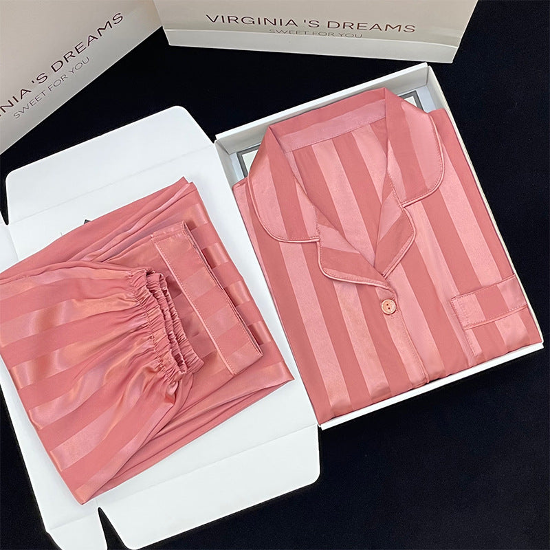 Women's Long-sleeved Trousers Thin Cardigan Striped Pajamas
