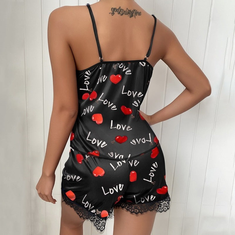 Ladies Eyelash Lace Decoration Polka Dot Printing Satin Suspender Pajamas