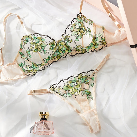 Women's Mesh Multi-color Embroidery Transparent Underwear Suit