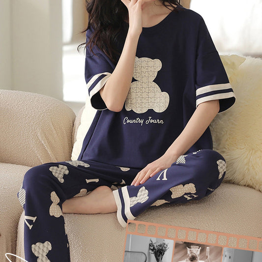 Pajamas Pure Cotton Short-sleeved And Trousers Cute Cartoon Home Wear Suit