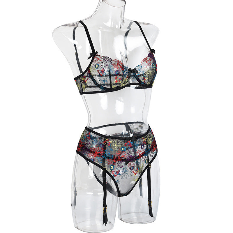 Embroidery Heavy Craft Floral Gauzy Underwear Push Up Three-piece Set