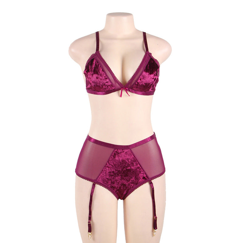 European And American Plus Size Underwear Three-point Bra Garter Set