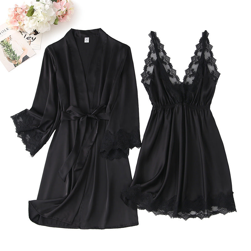 Women's Artificial Silk Pajamas With Lace Spring And Summer