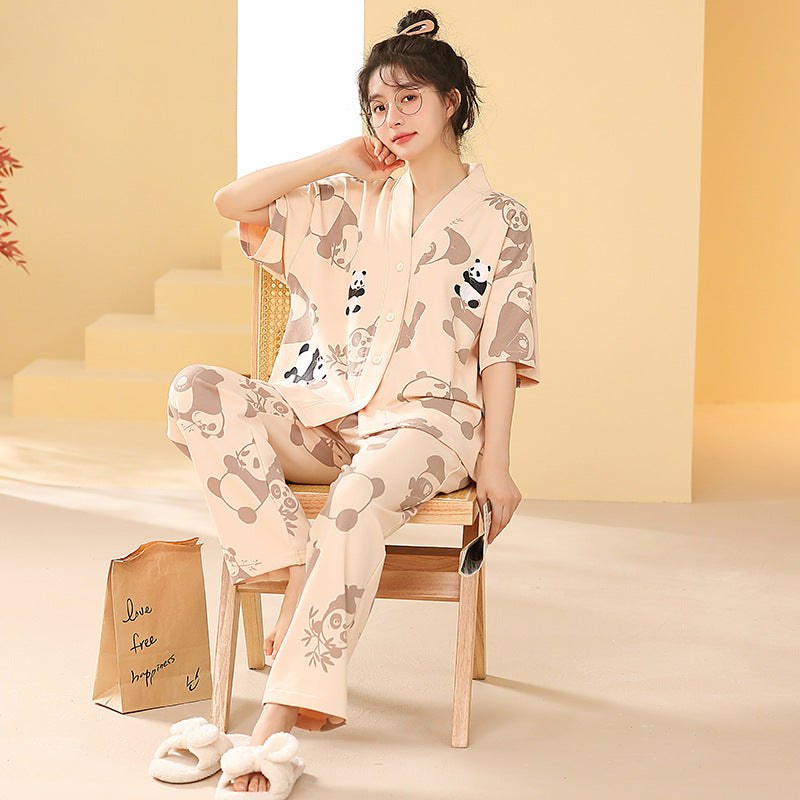 Women's Pajamas Pure Cotton Short-sleeved And Trousers Cardigan Homewear