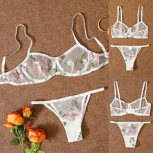 Three-point Mesh See-through Push Up Bras Embroidered Underwear Suit