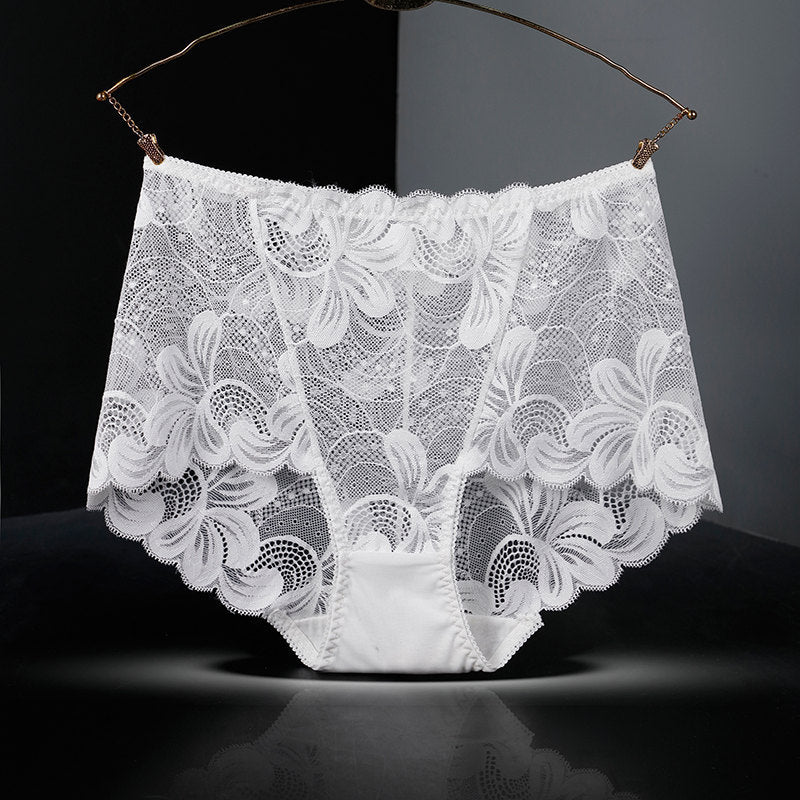 Women's Lace Underwear High Waist Fattening Plus Size Hollow Out See Through Purified Cotton Briefs