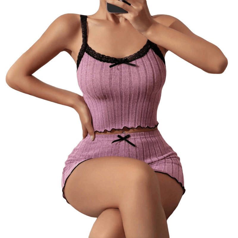 Lace Trim Suspender Shorts Fleece Sunken Stripe Homewear