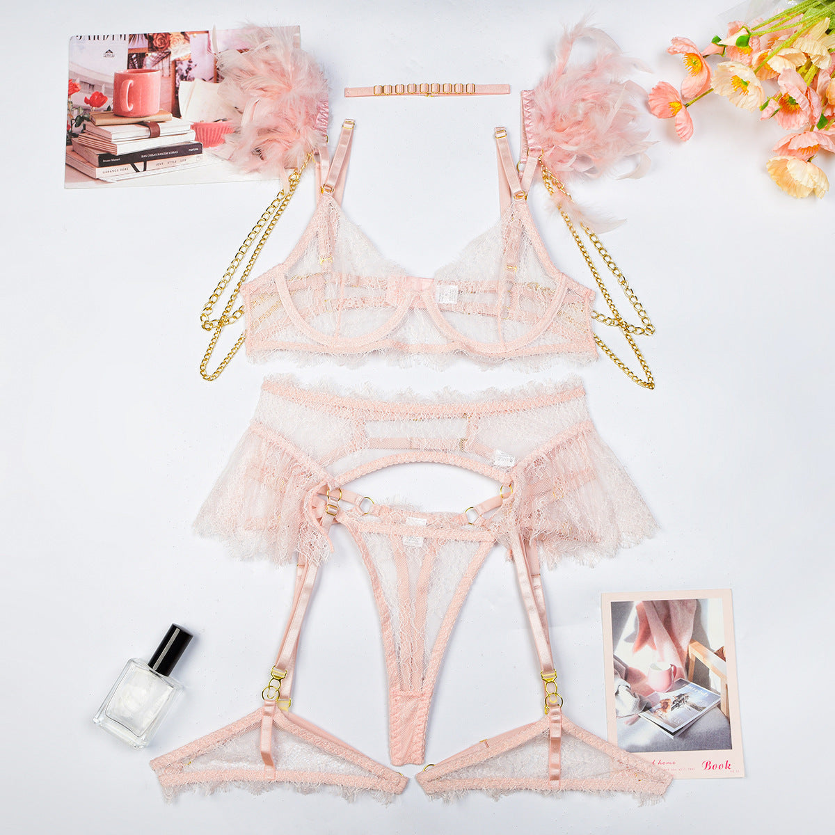 Feather Lace Chain Heavy Industry Underwear Suit In Stock Women