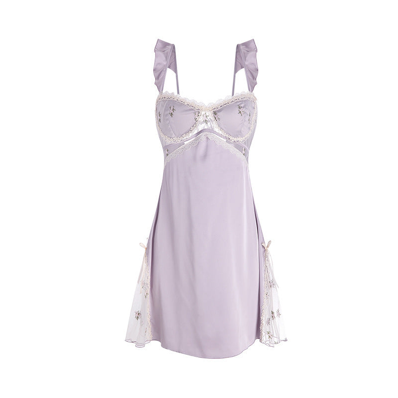 Ice Silk Floral Pajamas With Chest Pad Push Up Sling Nightdress