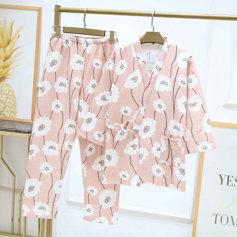 Winter Warm Striped Kimono Crop Clothes Air Layer Pajamas