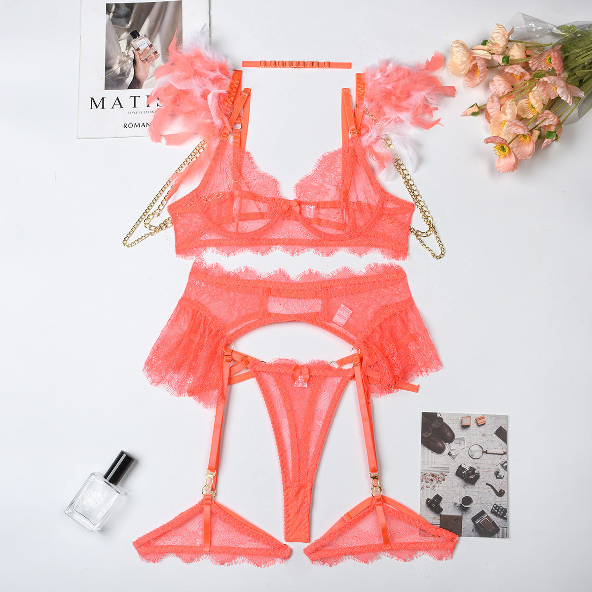 Feather Lace Chain Heavy Industry Underwear Suit In Stock Women