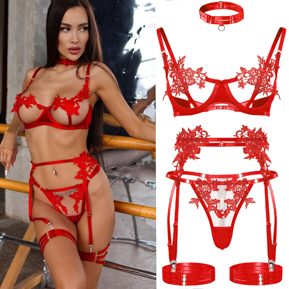 Embroidery Water Soluble Flower Mesh See-through Bra Set
