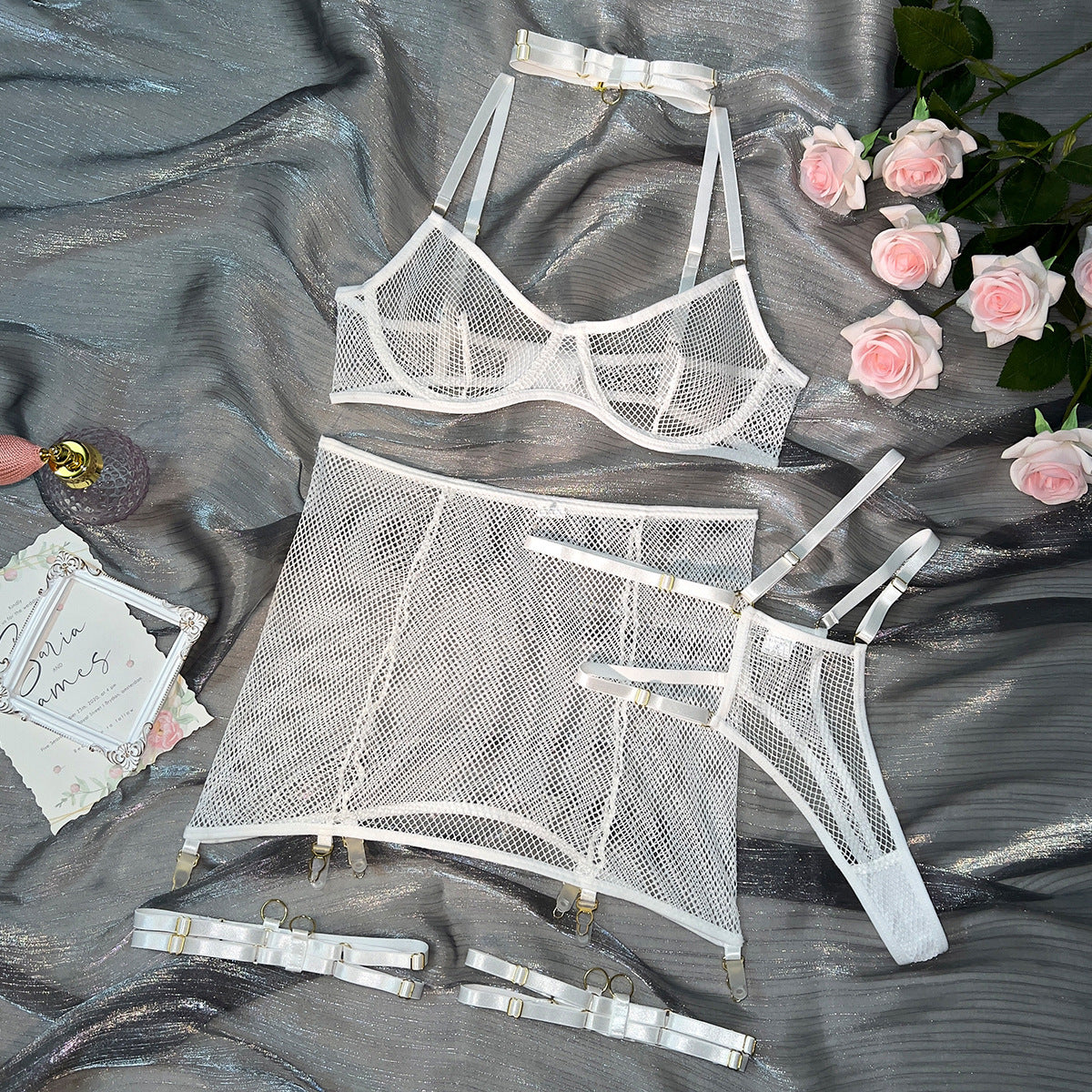 See-through Mesh Push Up Four-piece Set