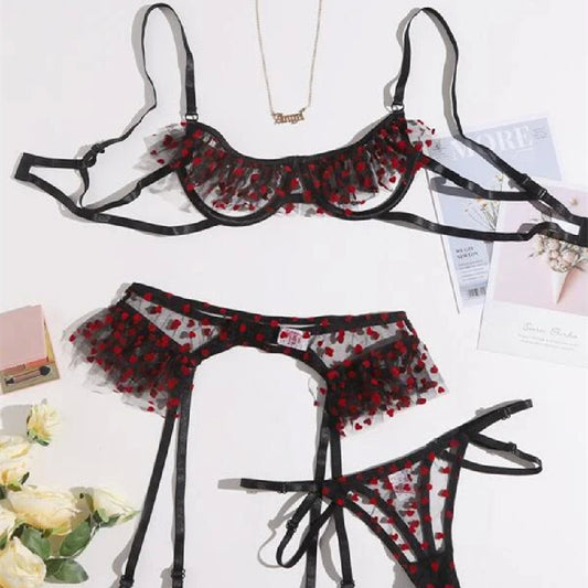 Sexy Lingerie Sexy Love Polka Dot Ruffled See-through Three-piece Set